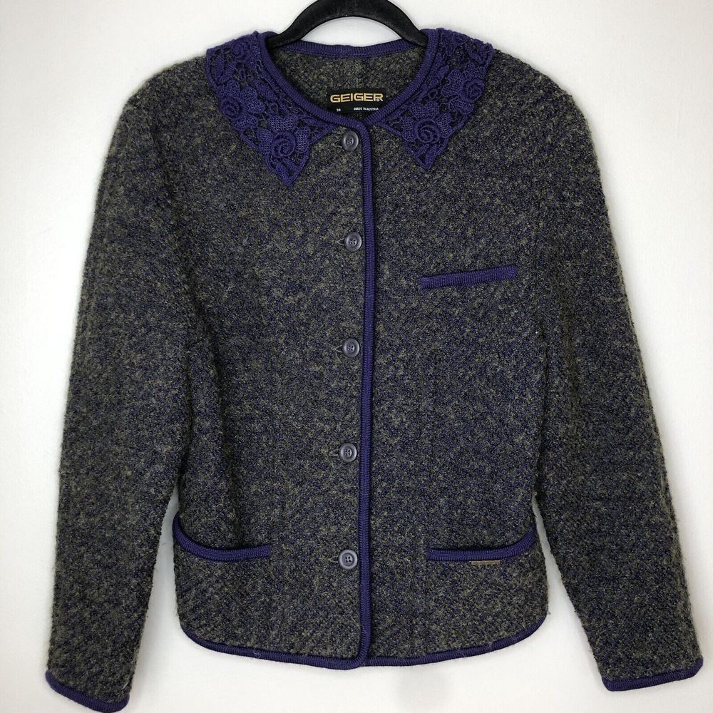 Geiger Women's‎ 38 Green Purple Wool Mohair Blend Button Front Cardigan Sweater